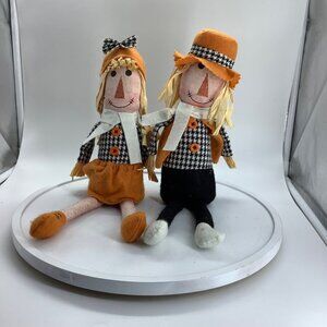 Vtg Fabric Scarecrow Dolls Houndstooth Outfits Straw Hair 12" Tall Fall Harvest